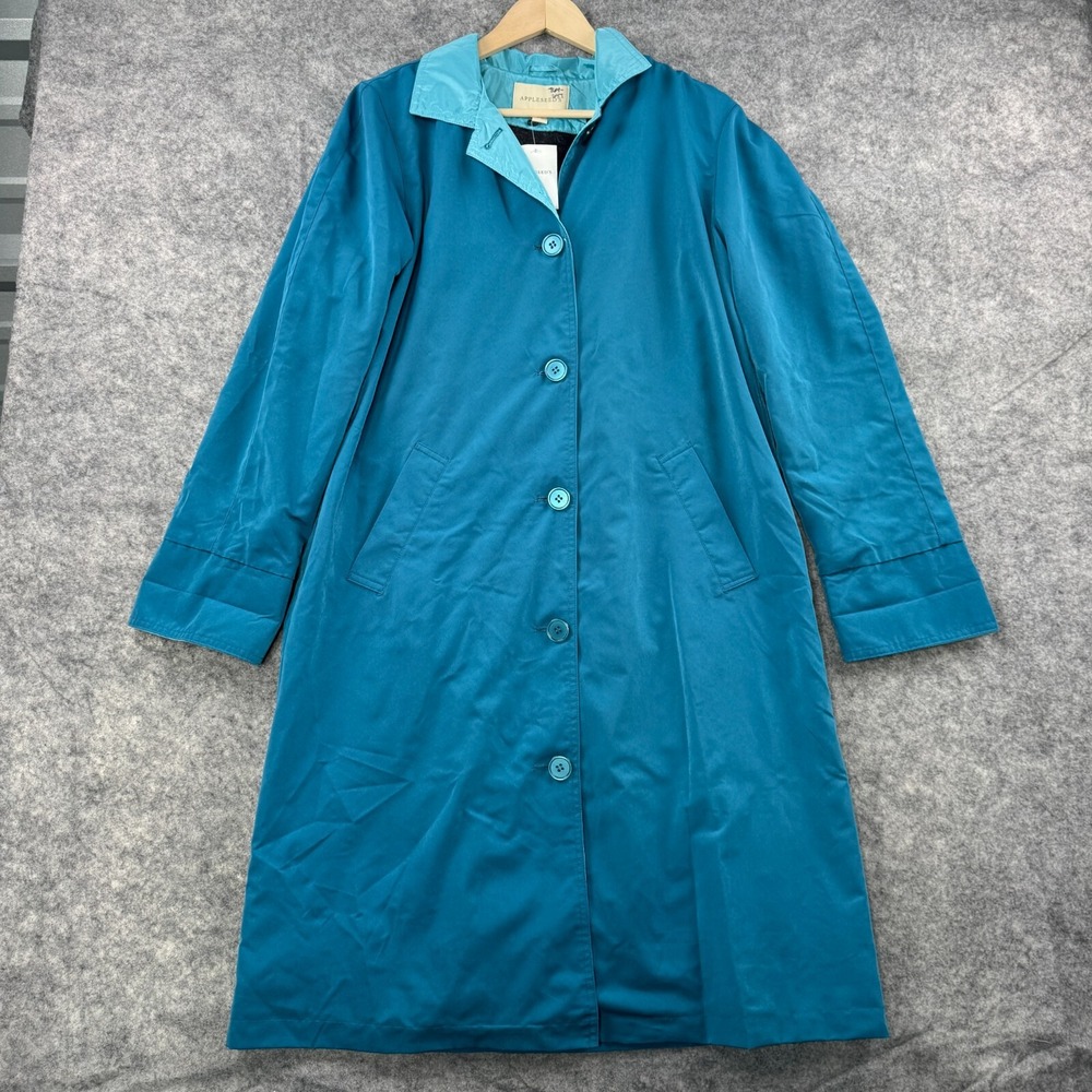 Appleseeds Trench Coat Womens Small Teal Blue Button Front Longline Spring NEW